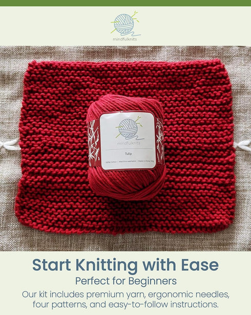 mindfulknits - Beginners Washcloth Knitting Kit - Includes 100% Cotton Knitting Yarn + Circular Knitting Needles & Yarn Needle (Flora Colored Cott...