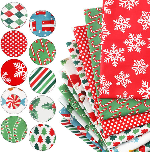10 Pieces Christmas Cotton Fabric Squares Precut Quilting Fabric Patchwork Christmas Snowflake Print Red Green Fabric for Xmas Sewing Crafting DIY...