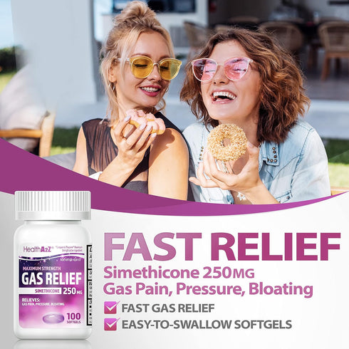 HealthA2Z® Gas Relief Simethicone 250mg | Maximum Strength | Fast Gas Relief | Relieve Symptoms Naturally (100 Softgels (Pack of 1))...