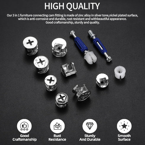 Cam Lock Nuts and Cam Screws, 110 Pcs Cam Locks for Furniture Connecting Cam Lock Fittings, 3 in 1 Cam Connector Bolt Fittings Fasteners Hardware ...