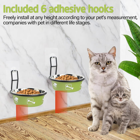 Elevated Cat Bowls, Wall Mounted Cat Food Dish, Raised Cat Food and Water Bowls, Stainless Steel Elevated Pet Bowls with Stand, Nonslip No Spill P...