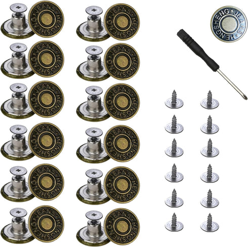 12 Pcs Button for Sewing Metal Jeans, 20 mm No-Sew Nailess Removable Metal Jeans Buttons Replacement Repair Combo Thread Rivets and Screwdrivers.(...
