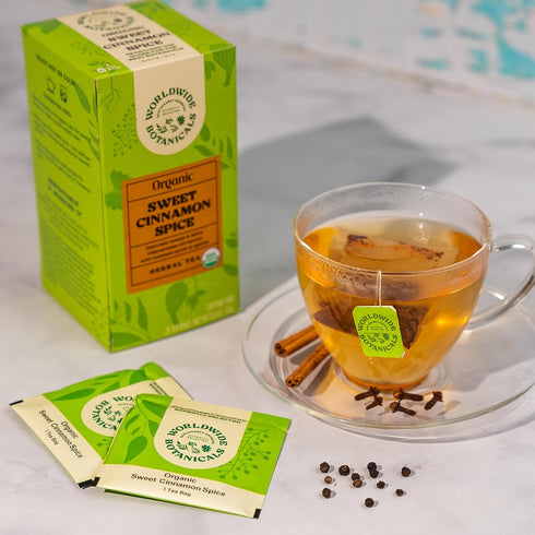 Worldwide Botanicals Sweet Cinnamon Spice Herbal Tea - Organic, Caffeine Free, Kosher, Naturally Sweet, 50% More Herbs - 25 Tea Bags...