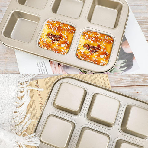 Beasea Brownie Pan, 1 Pack 6 Cavity Gold Nonstick Square Mini Brownie Muffin Cake Pan Cheesecake Cupcake Bakeware Carbon Steel Brownie Baking Tray...
