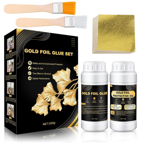 Gold Leaf Adhesive Set 200ml Gold Plating Kit Protective Varnish 100 pcs Gilding Adhesive Set Gold Leaf Sheets, 2 Brushes, Water Based Leaf Glue f...