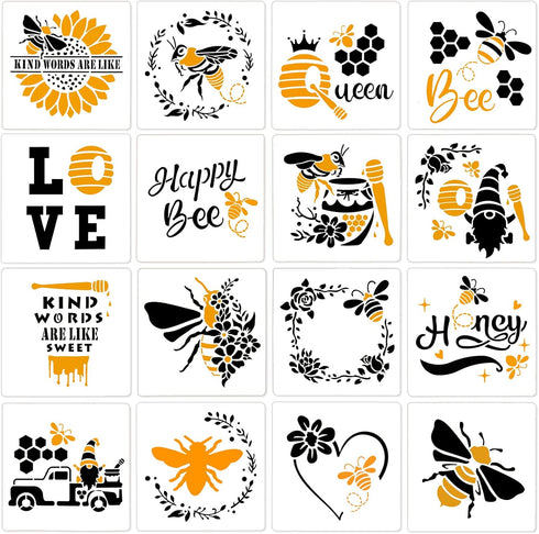 16 Pieces Bee Stencils Honeycomb Stencils Reusable Plastic Art Craft Stencils Sunflower Stencils Honey Bee Stencils for Painting on Wall Fabric Fu...