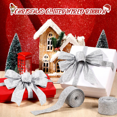 2 Roll 20 Yards Christmas Ribbons Glitter Thick Ribbon Metallic Wired Ribbon for Gift Wrapping Valentine Bouquet DIY Crafts Wedding Xmas Party Wra...