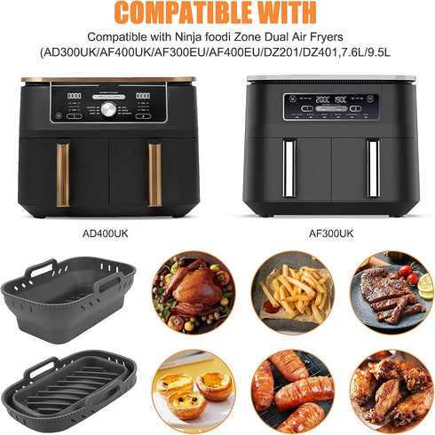 Air Fryer Silicone Liners for Ninjas Dual, 2 Pack Foldable Silicone Air Fryer Liners Basket Double with Oven Mitts and Brush, Rectangle Air Fryer ...