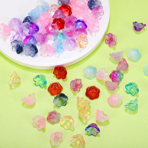 VILLCASE 100pcs Glass Flower Beads, Colorful Glaze Trumpet Flower Crystal Loose Beads, Translucent Bell Flower Spacer Beads with Hole for Jewelry ...