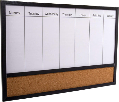 DESK TECH Multifunctional Weekly Planner - Half Dry Erase White Board with Cork Bulleting Board - 16 x 24 inches, Black Pinewood Wooden Frame - Ha...