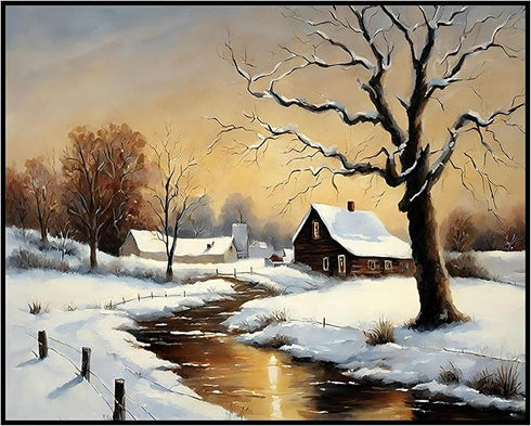 Posterizer 1 pcs-old farm house in snowy winter nature-in oil painting style-4-Landscape & Nature Art-Living Room Bedroom Decor- unframed wall art...