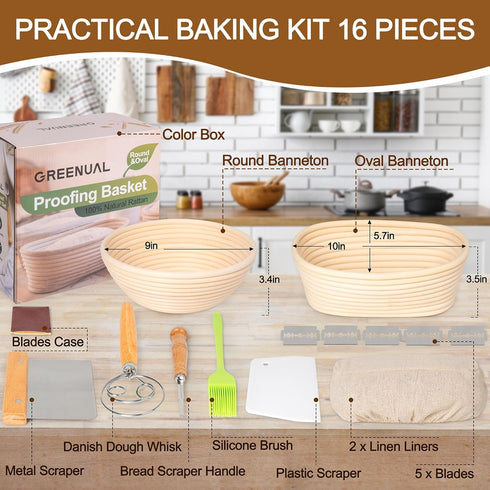 Banneton Bread Proofing Basket Set of 2 with Sourdough Bread Baking Supplies, 9" Round & 10" Oval, Bread Lame + Linen Liner + Dough Scraper + Bast...