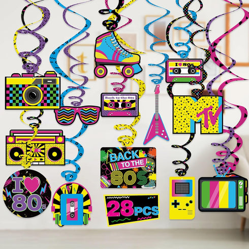 Bessmoso 28PCS 80s Party Decorations – Retro Hanging Swirls & Ceiling Streamers for 1980s Throwback Birthday, Neon Back to The 80’s Party Supplies...