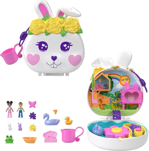 Polly Pocket Flower Garden Bunny Compact Playset with 2 Micro Dolls & 12 Accessories, Including 2 with Color Change...