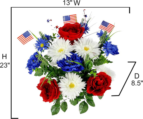 Admired By Nature 18 Stems Artificial Blooming Peony, Gerbera Daisy with Small American Flags, Fillers Mixed Flowers Bush for Memorial Day, Red/Bl...