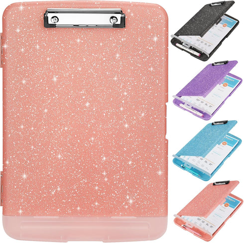 Glitter Clipboard with Storage,Storage Clipboard with Pen Holder,A4 Binder Clip Boards 8.5x11 with Low Profile Clip,Side Opening Sparkle Clipboard...