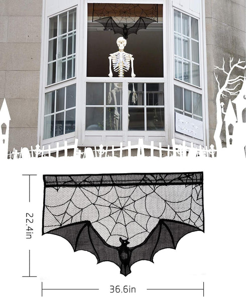 ANPHSIN Halloween Black Lace Spiderweb- 2 Pcs Bat Curtain Window Valance Cobweb Tablecloth Shower Curtains Fireplace Mantles Scarf Cover for Home ...