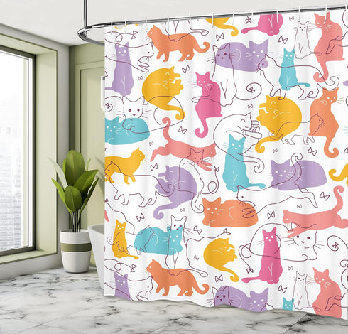 Ambesonne Cat Shower Curtain, Colorful Cats Jumping Playing Sitting Relaxing Feline Joyful Modern Line Art, Cloth Fabric Bathroom Decor Set with H...