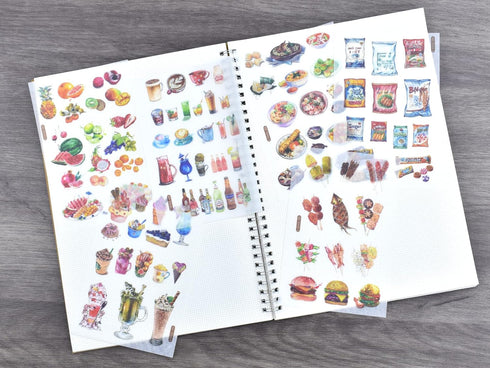 12 Sheets Food Drink Dessert Fruits Snacks Ice Cream Washi Sticker Set DIY Craft Label for Scrapbooking Journaling Collage Card Making Kids Adults...