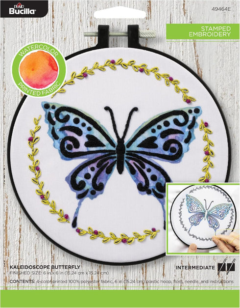 Bucilla Watercolor 6" Stamped Embroidery Kit, Kaleidoscope Butterfly, Includes 4-Color Printed Fabric, 6" Hoop, Embroidery Floss, Needle, and Inst...
