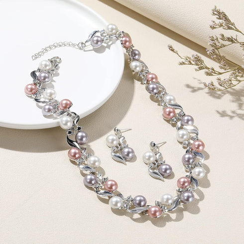 Glass Pearl Necklace and Earring Set,Collar De Perlas para Mujer,Faux Pearl Jewelry Set for Women (Silver)...