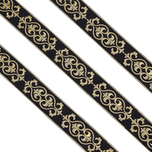 PH PandaHall 1.75 Inch Jacquard Ribbon, 4 Yards Hot Adhesive Floral Trim Black Gold Embroideried Lace Trim Woven Ribbon Fabric Trim Fringe for Sew...