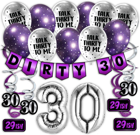 30th Birthday Purple Party Pack - 30th Birthday Banner, Balloon and Swirls Pack- Birthday Decorations - 30th Birthday Party Supplies, Favors and G...