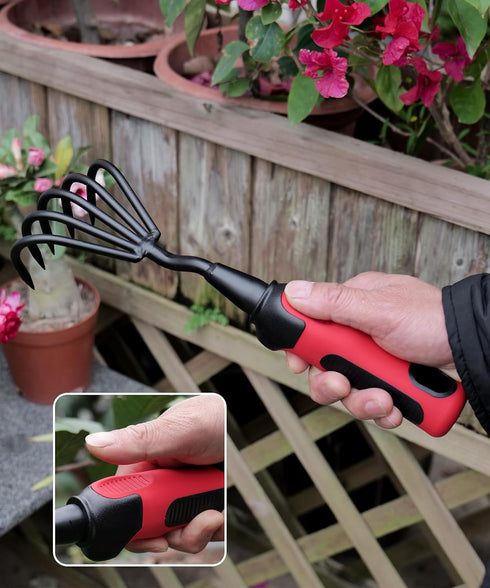 Stainless Steel Garden Rake and Hand Cultivator for Heavy-Duty Soil Loosening, Planting, and Weed Removal - Ideal for Men and Women - Red Handle...