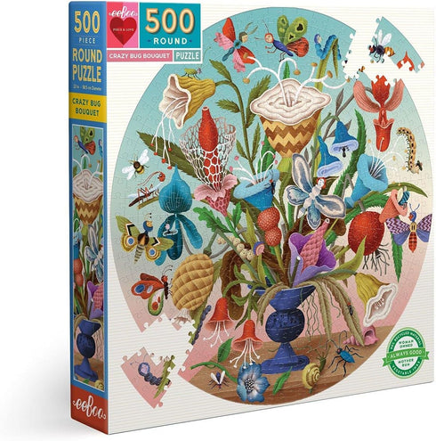 eeBoo: Piece and Love Crazy Bug Bouquet 500 Piece Round Jigsaw Puzzle, Jigsaw Puzzle for Adults and Families, includes Glossy and Sturdy Pieces...