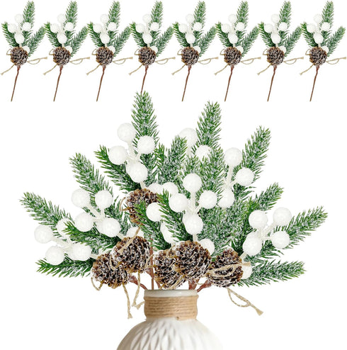 White Christmas Berries Floral Pine Cones Christmas Artificial Pine Branches Evergreen Branch Berries for Decoration DIY Christmas Craft Wreath De...