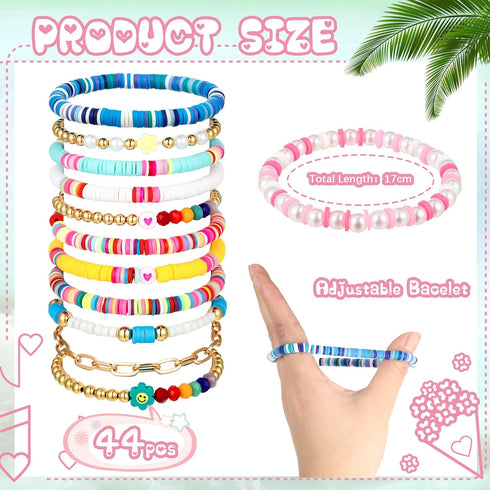 44 Pcs Heishi Preppy Bead Bracelets Colorful Clay Friendship Bracelet Y2K Stretch Beach Gold Bracelets for Women Girls...