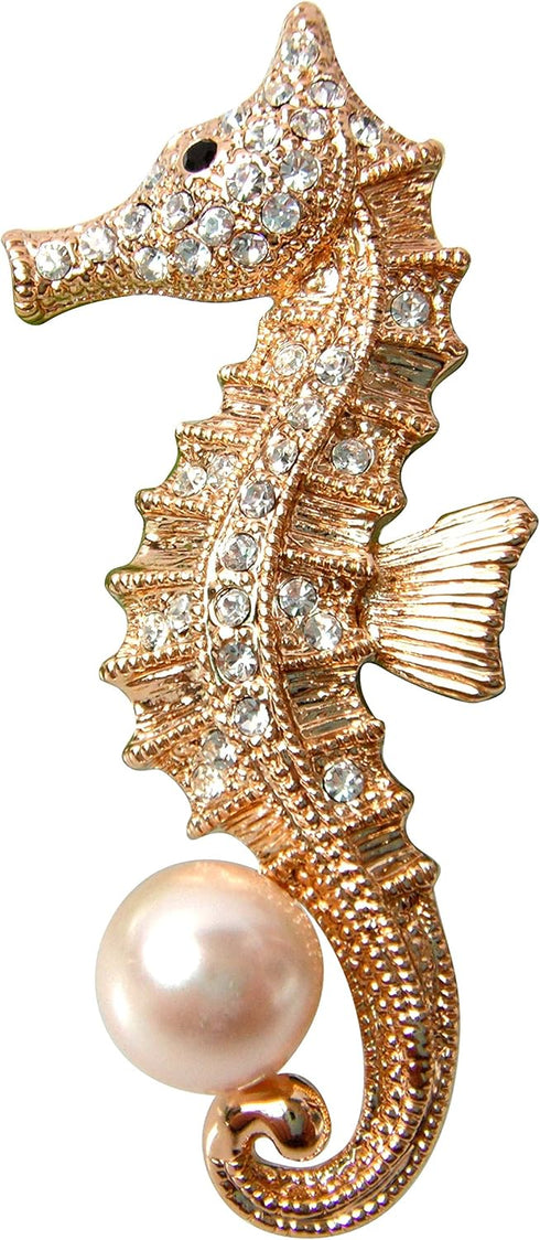 Navachi 18k Gold Plated Multi-Color Crystal Sea Horse Pearl Brooch Pin...