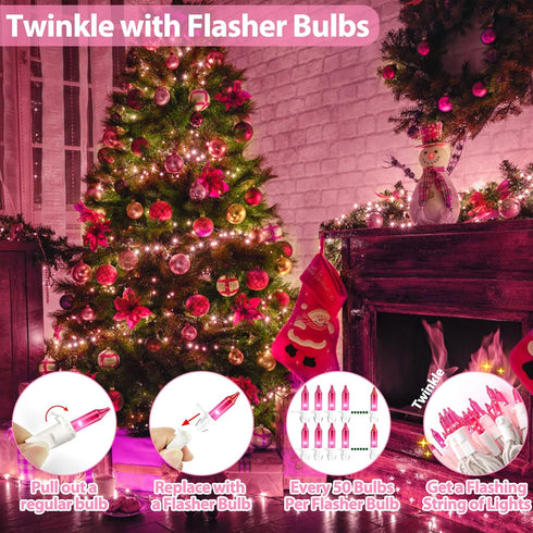 Pink Christmas Lights 25FT 100 Incandescent Bulbs, Pink Mini Lights with White Wire for Valentine's Day, Wedding, Garland, Thanksgiving, Party, Ho...