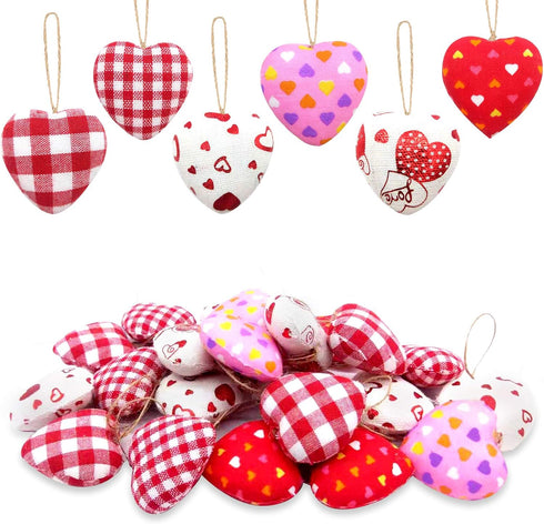 EBaokuup 30 Pcs Valentines Fabric Heart Ornament for Hanging-6 Styles Red Pink Buffalo Plaid Check-Heart-Shaped Hanging Decoration for Valentine's...