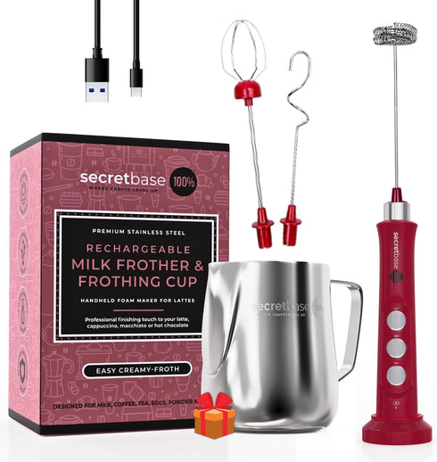Secretbase Rechargeable Milk Frother Mixer, Pitcher and Charging Base - 3 Speed Handheld Foam Maker for Barista Style Coffee, Bulletproof Coffee, ...