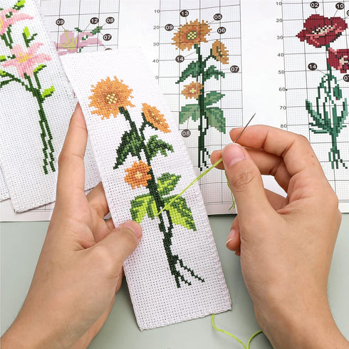 Caydo 3 Pieces Cross Stitch Bookmark Kits, DIY Stamped Embroidery Bookmark Kit for Beginner Flower Patterns 14 Count Crossstitch Projects for Book...