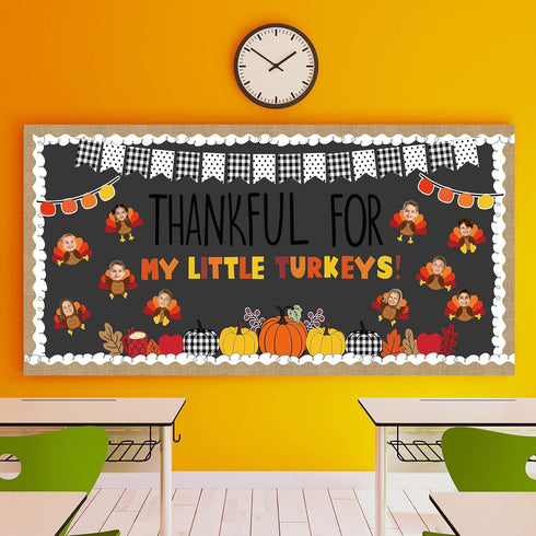 119Pcs Fall Thanksgiving Bulletin Board Decor Autumn Turkey Pumpkin Paper Cutouts with 200Pcs Glue Points Scalloped Bulletin Border Sticker for Ho...
