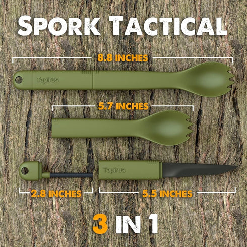Tapirus Spork Tactical Green | BPA Free Spoon Fork, Stainless Steel Knife and Fire Starter | 3 in 1 multipurpose utensil | Outdoor hiking, camping...