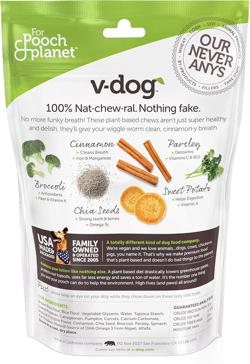 V-dog Dog Treats - Vegan Breathbone Teeth Cleaning Dental Dog Bones - Fresh Breath - 8 Ounces - All Natural - Made in USA - 6 Bones - 4" Long - Ea...