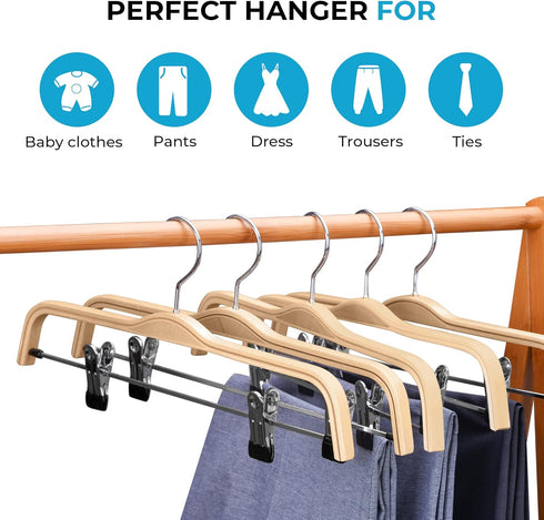 Wooden Pant Hangers, 5-Pack Light Weight Wood Skirt Hangers with Anti-Rust Hook and 2-Adjustable Clips...