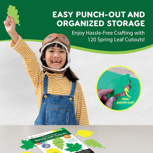 120 Pieces Spring Leaf Paper Cutouts with IDEA GUIDE, 2-Sided US Made Card Stock Punch Out Maple, Oak, and Birch Leaves for Bulletin Boards, Class...
