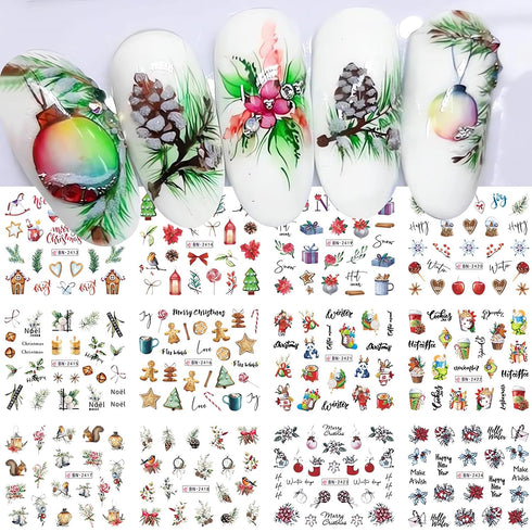 SINSEN Christmas Nail Art Stickers, Winter Nail Decals Water Transfer Xmas Nail Art Supplies Colorful Gingerbread Man Wreath Bell Merry Christmas ...