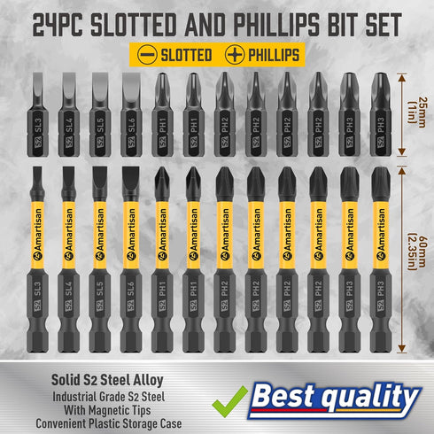 Amartisan 24-piece Screwdriver Bit Set | Magnetic Slotted Phillips driver bit set | S2 Steel, long 1" and 2.3" Head Drill Bits Set...