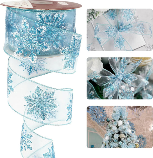 HUIHUANG Snowflake Glitter Wired Ribbon, Blue and White Snowflake Ribbon for Christmas Tree, 2-1/2" x 25 Yards Christmas Ribbon for Tree, Bows Mak...