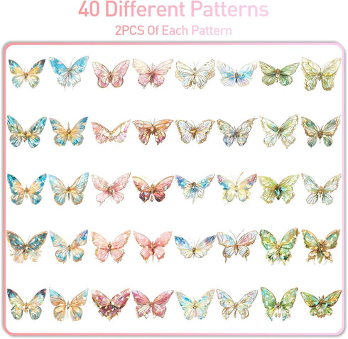 Kaluofan Butterfly Stickers, 80PCS Holographic Stickers Scrapbook Stickers, Waterproof Butterfly Glitter Stickers for Scrapbooking Supplies Journa...