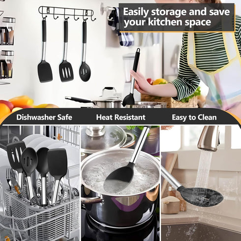 P&P CHEF Black Kitchen Cooking Utensil Set of 4, Silicone Solid Spatulas Slotted Spoons Turners for Non-stick Cookware Flipping Mixing, Heat-proof...