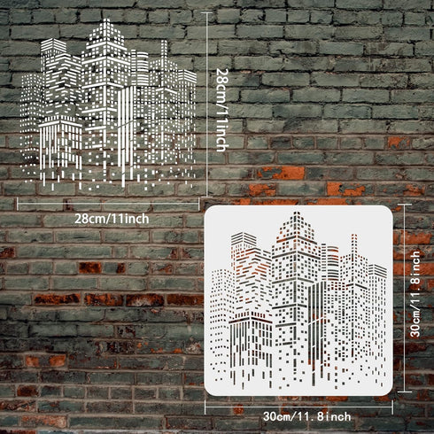 FINGERINSPIRE City Buildings Stencil 11.8x11.8inch Plastic PET Painting Stencil Large Square Stencil Morden Buildings Template Reusable Washable S...