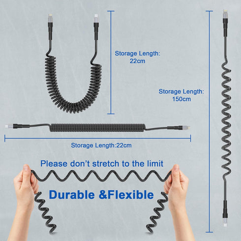 Coiled USB-C to Lightning Cable, Apple Carplay Compatible & MFi Certified, Car USB C Lightning Cable with Data Transmission and LED, iPhone Retrac...