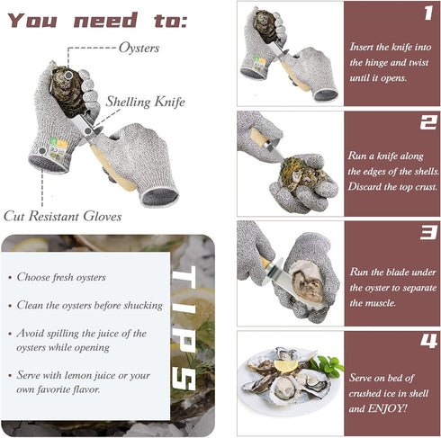 Oyster Shucking Knife Set of 2 Stainless Steel Oyster Knifes and 2 Pairs Level 5 Cut-Resistant Gloves?Oyster Knives Suitable for All Kinds of Shel...