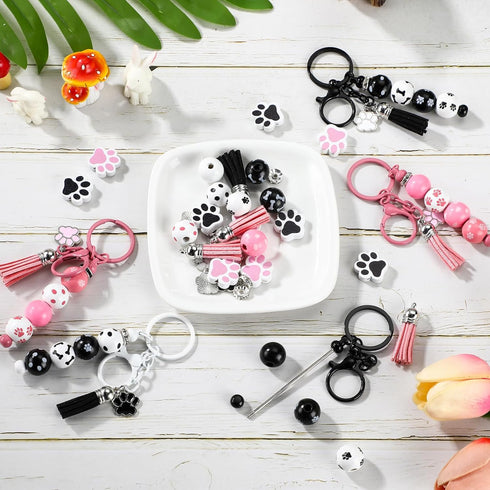 Landical 12 Sets Metal Beadable Keychain Bars with Wood Dog Paw Bone Beads Wooden Beads Bulk Pets Footprint Charm Animal Beads Keychain Kit for Ki...